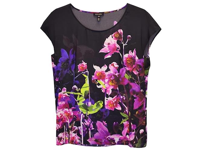 Escada Floral Cap Sleeve Top in Black Silk  ref.1302136