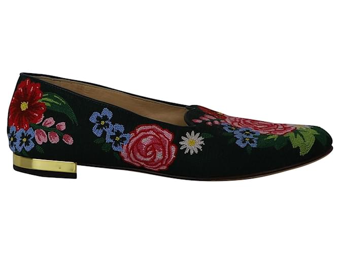 Charlotte Olympia Rose Garden Floral Embroidered Flats in Green Fabric Multiple colors Cotton  ref.1302147