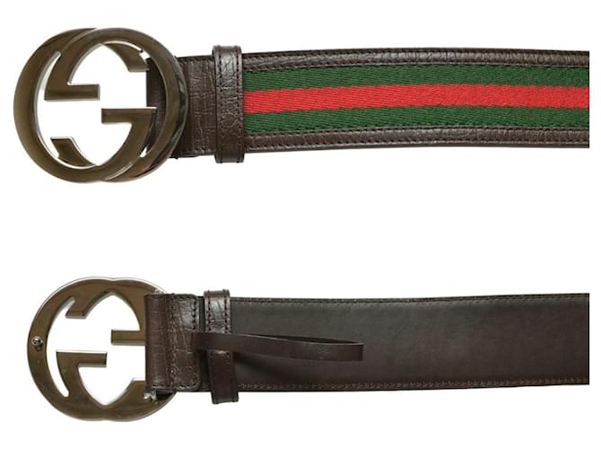 Cintura Gucci Web verde e rossa con fibbia a doppia G, taglia 85/34 Marrone Pelle  ref.1302222