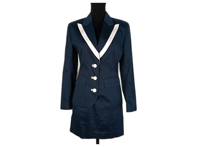 Conjunto de saia e blazer Kenzo dos anos 90 azul e branco