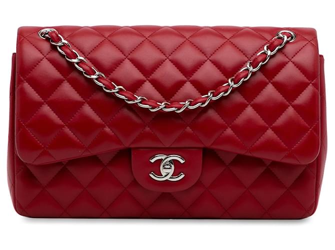 Bolso de hombro con solapa y forro de piel de cordero clásico Jumbo Chanel rojo Roja Cuero  ref.1302414