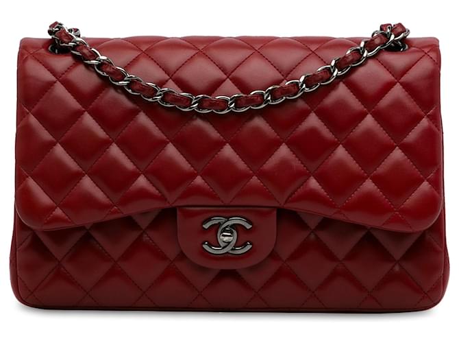 Red Chanel Jumbo Classic Lambskin lined Flap Shoulder Bag Leather  ref.1302415