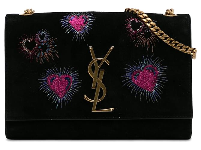 Schwarze kleine Crossbody-Tasche „Kate“ aus Wildleder mit Monogramm in Herzform und Feuerwerk von Saint Laurent   ref.1302419