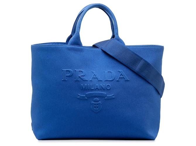 Blue Prada Medium Canvas Logo Drill Satchel Cloth  ref.1302441