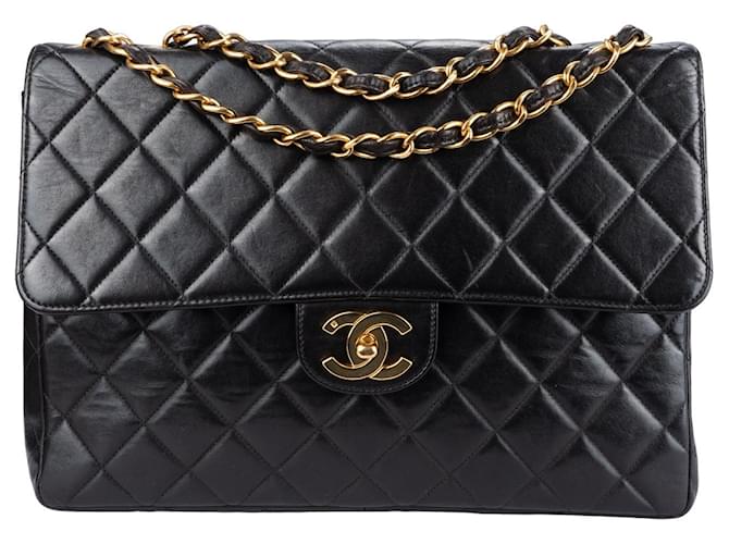 Chanel Quilted Lambskin 24K Gold Single Flap Jumbo Crossbody Bag Black Leather  ref.1302474
