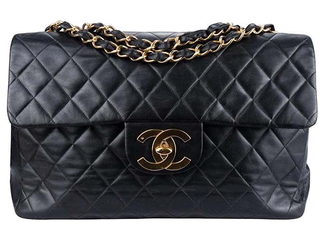 Chanel Quilted Lambskin 24K Gold Single Flap Jumbo Crossbody Bag Black Leather  ref.1302475