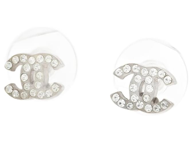 Chanel Silver Coco Mark rhinestone earrings Silvery Metal  ref.1302515