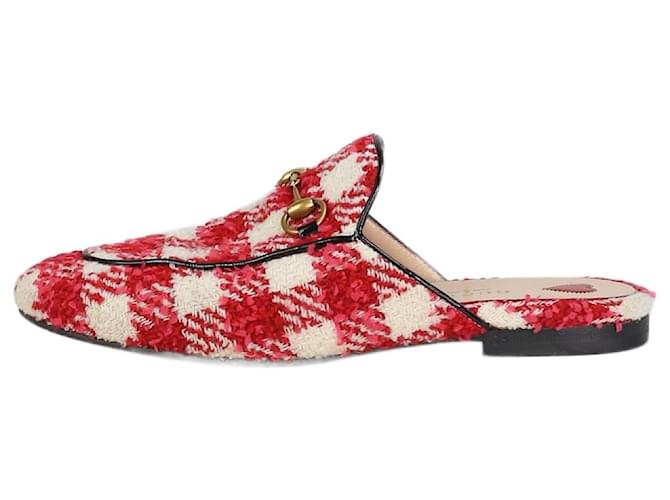 Gucci Red and white tweed gingham Princetown slippers - size EU 37  ref.1302521
