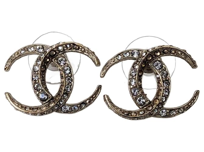 Chanel CC B15C Logo Dubai Moon Crystal GHW Earrings Box RARE Golden Metal  ref.1302537