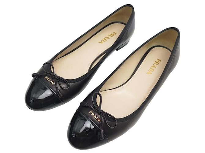 NEW PRADA LOGO AND BOW BALLERINA SHOES 36 BLACK LEATHER SHOES  ref.1302629