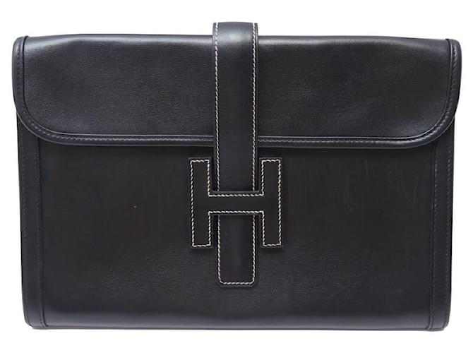 Hermès VINTAGE SAC A MAIN HERMES JIGE ELAN 29 PM POCHETTE EN CUIR BOX BAG CLUTCH Noir  ref.1302652