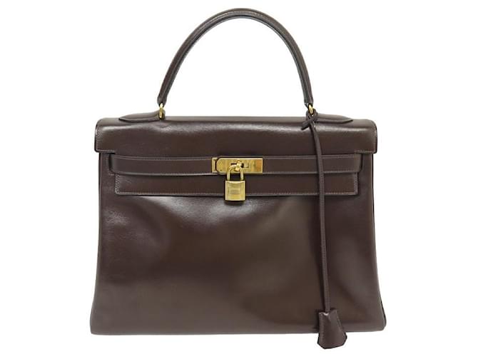 Hermès VINTAGE SAC A MAIN HERMES KELLY 32 RETOURNE EN CUIR BOX MARRON HAND BAG PURSE  ref.1302701