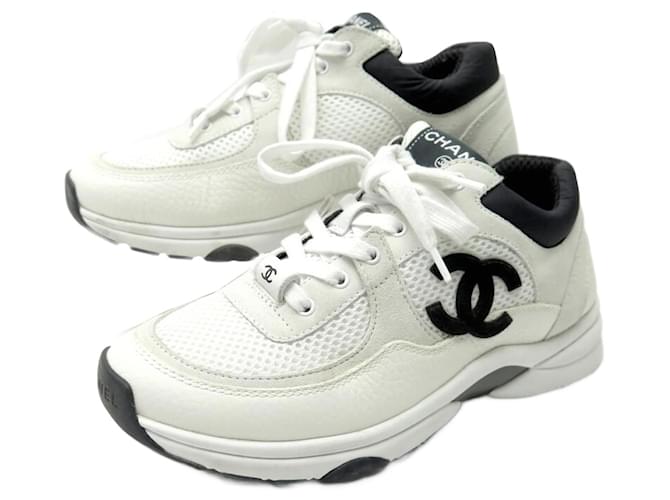 CHANEL BASKETS G SHOES38299 36 IN CANVAS & WHITE LEATHER + SNEAKERS BOX  ref.1302716