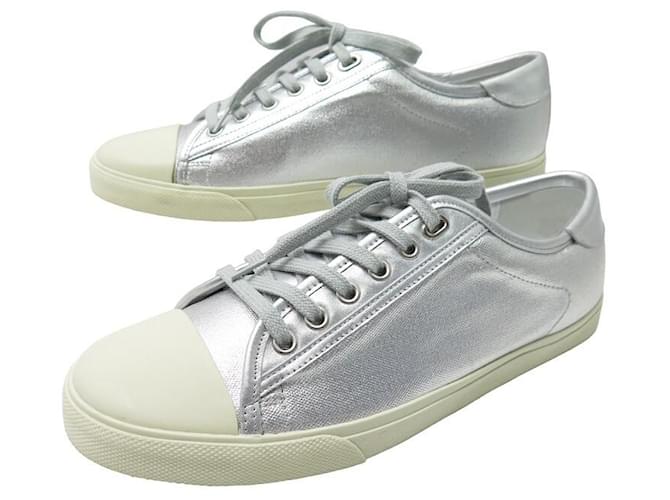 Céline NEW CELINE BASKETS BLANK SHOES 400to10 39 SILVER CANVAS LEATHER SNEAKERS Silvery  ref.1302727