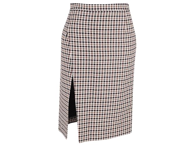 Maje Josselin Checked Asymmetric Slit Skirt in Brown Cotton and Wool  ref.1302751