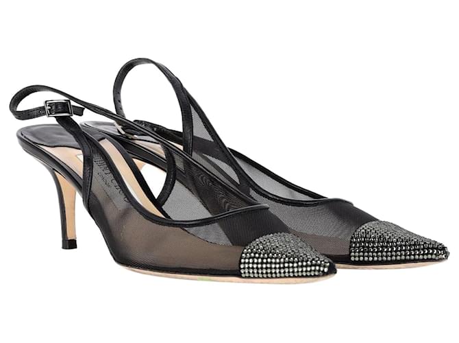 Jimmy Choo Anika Crystal-Embellished Slingback Pumps in Black Mesh and Leather  ref.1302756