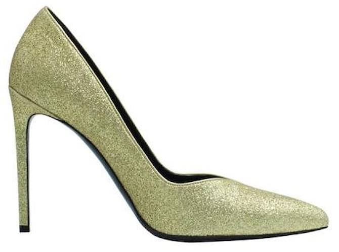 Saint Laurent Gold Glitter Pointed Toe Heels Golden Leather  ref.1302803