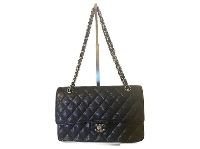 Chanel Classic Timeless Medium Quilted Black Caviar Leather Double Flap with Silver Hardware  ref.1303026