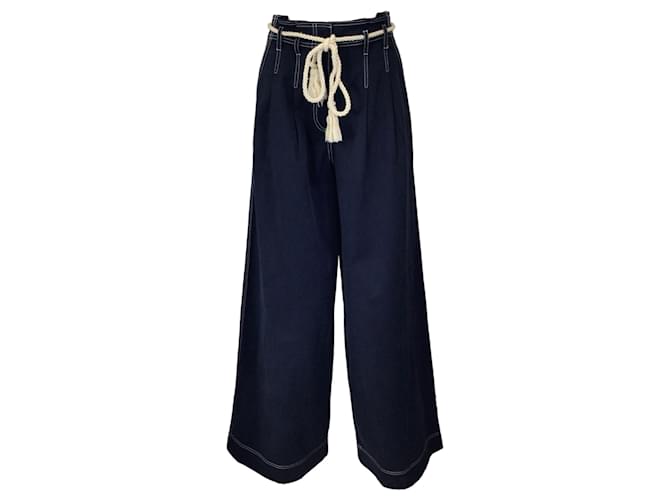 Autre Marque Ulla Johnson Azul Marino / Pantalones anchos de algodón con cinturón de cuerda con costuras en contraste blancos  ref.1303060