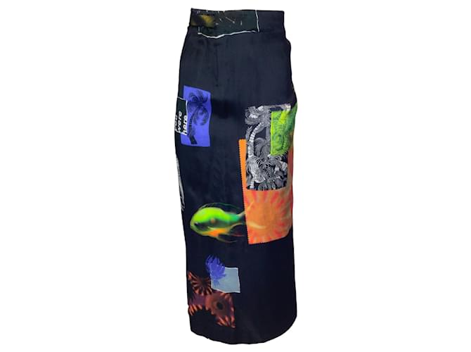 Autre Marque Dries Van Noten Black Multi Printed Satin Wrap Skirt Viscose  ref.1303063