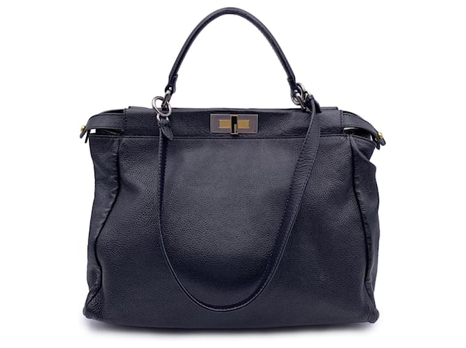Fendi Black Leather Large Peekaboo Tote Top Handle Shoulder Bag  ref.1303192