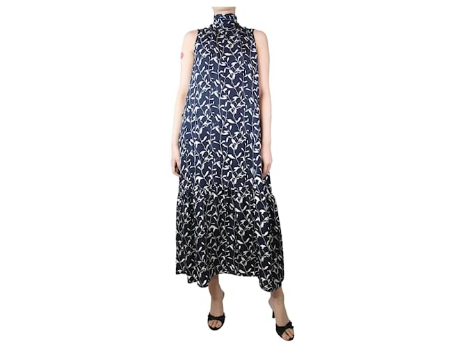 Autre Marque Navy blue silk sleeveless floral dress - size M  ref.1303212