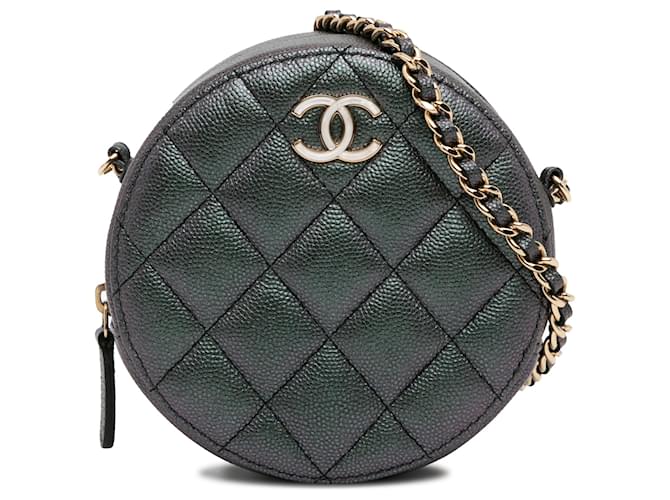 Grüne gesteppte, schillernde, runde Caviar-Clutch von Chanel mit Kette Dunkelgrün Leder  ref.1303263