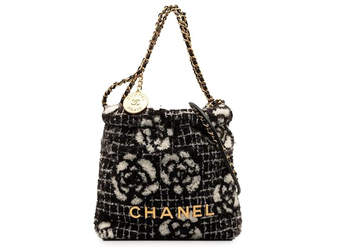 Chanel Black Tweed Camellia Mini 22 Satchel Leather Cloth  ref.1303266