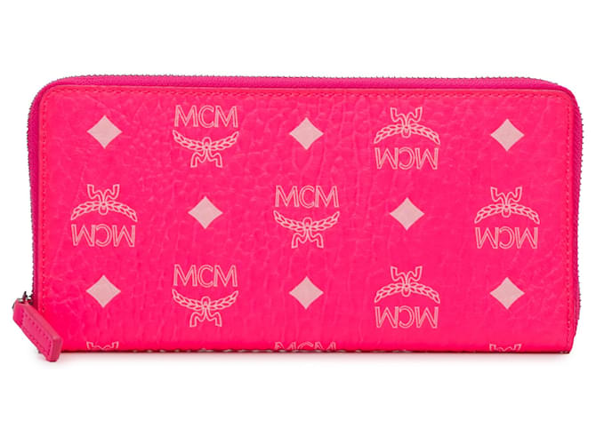 MCM Pink Visetos Langes Portemonnaie mit umlaufendem Reißverschluss Leinwand Tuch  ref.1303292