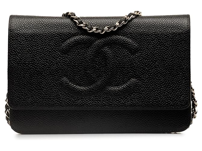 Wallet On Chain Chanel Black CC Caviar Wallet an der Kette Schwarz Leder  ref.1303294