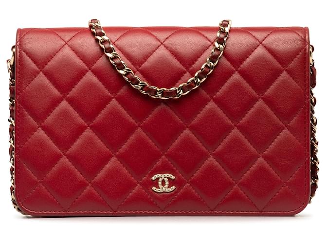 Wallet On Chain Cartera Chanel CC roja de piel de cordero con perlas y cadena Cuero  ref.1303301