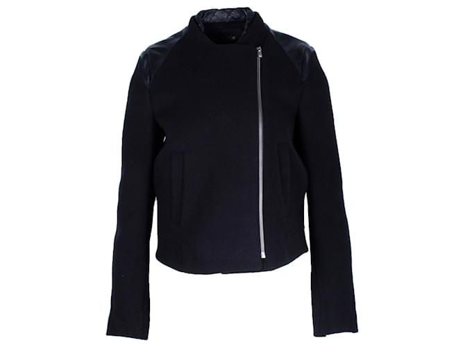 Maje Asymmetric Zip Leather-Trimmed Jacket in Black Wool  ref.1303323