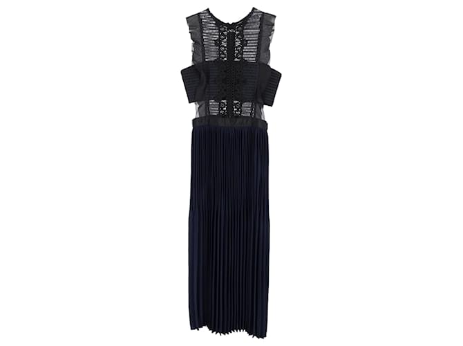Self portrait Self-Portrait Sleeveless Pleated Lace Dress in Navy Blue Polyester  ref.1303349