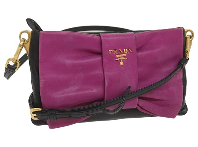 PRADA Ribbon Shoulder Bag Leather Pink Black Auth 69105  ref.1303516