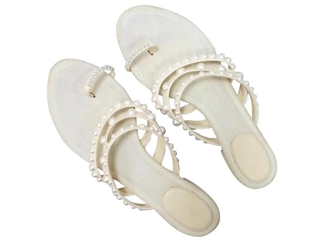 Chanel Ivory Pearl Embelished Leather Mule Sandals Flip Flops Beige  ref.1305147