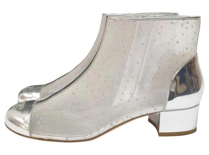 Botas de tornozelo robustas de malha prateada da Chanel. Prata Poliéster  ref.1305148