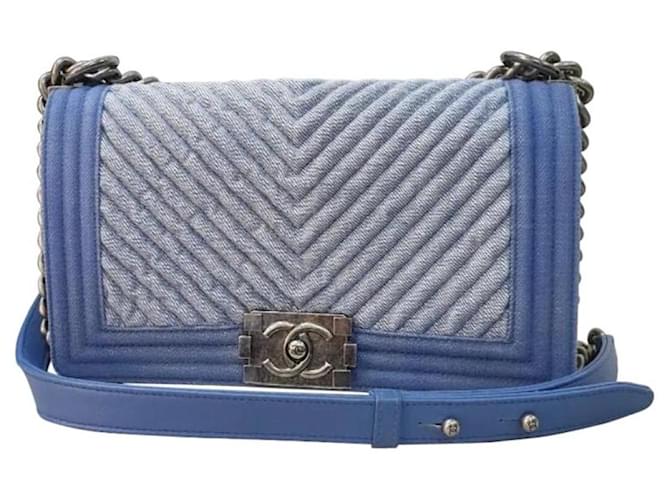 Chanel 2019 Boy Denim Chevron Tasche Blau Leinwand  ref.1305151