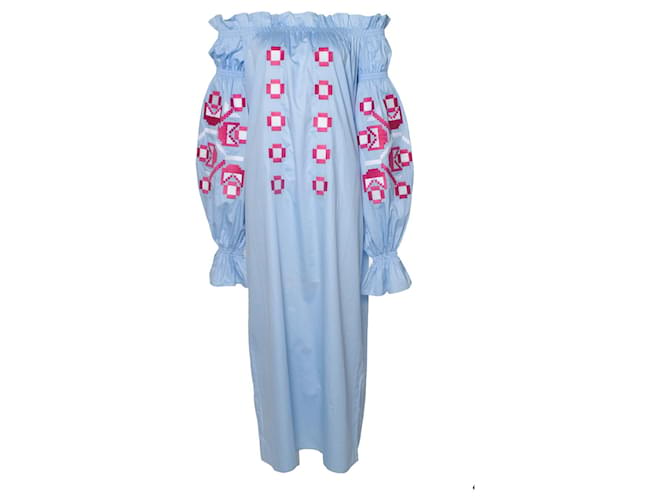 Autre Marque Elfter März, Midi-Kleid mit Stickerei in Blau Baumwolle  ref.1010335