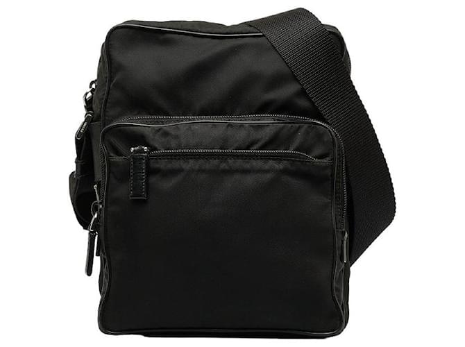 Bolsa de ombro Prada em nylon e couro com logo triangular em boas condições Preto Lona  ref.1296696