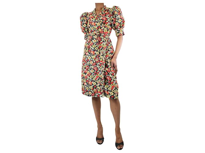 Ganni Multi puff-sleeved floral-printed midi dress - size UK 6 Multiple colors Polyester  ref.1299347