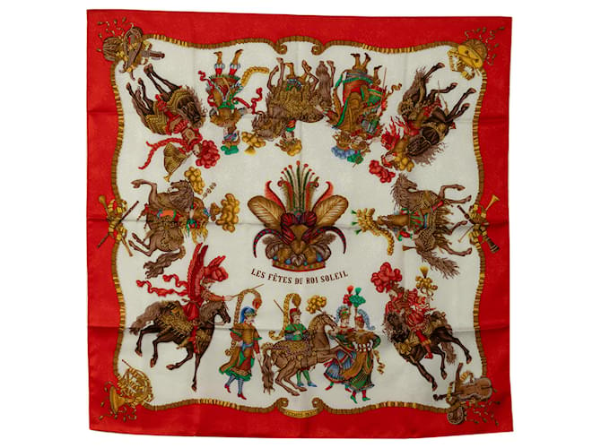 Hermès Foulard en soie Hermes Red Les Fetes du Roi Soleil Tissu Rouge  ref.1301264