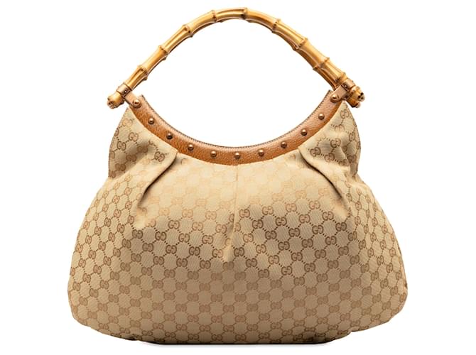 Gucci Braune Handtasche aus GG Canvas mit Bambusnieten Beige Leder Leinwand Kalbähnliches Kalb Tuch  ref.1302046