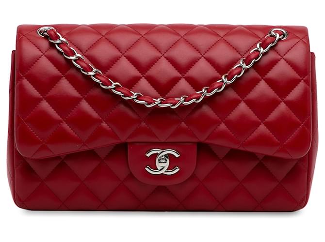 Chanel Red Jumbo Classic Lambskin Double Flap Leather  ref.1302083