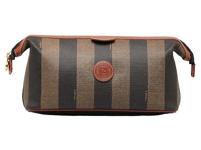 Clutch Fendi Pequin Marrone Nero in PVC Pelle in Ottime Condizioni Plastica  ref.1302760