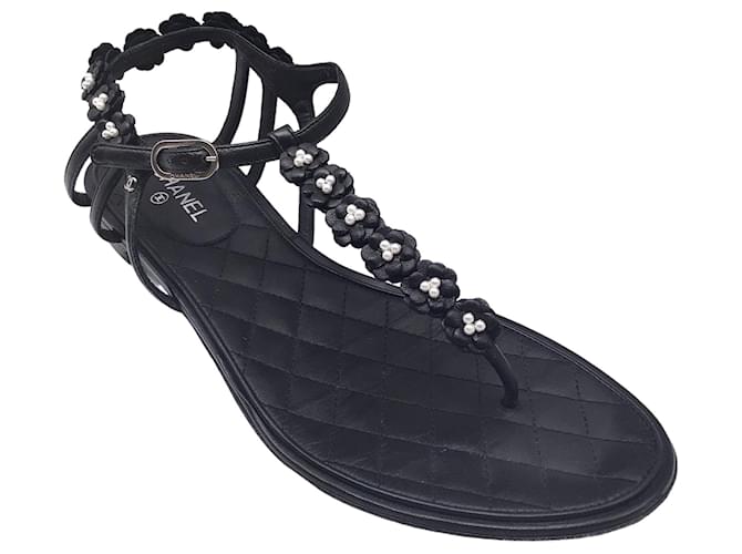 Autre Marque Chanel Black Pearl Embellished Camellia Flat Leather Sandals  ref.1305235