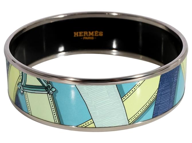 Hermès Plated Cavalcadour Turquoise Wide Enamel Bangle (59mm) Metallic  ref.1305454
