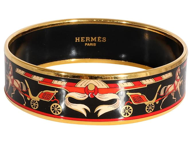 Hermès Plated Black Background Enamel Wide Bracelet with Calache Design (62mm) Golden Metallic Metal  ref.1305455