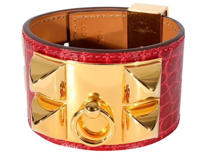 Bracelet Collier De Chien Hermès doré en alligator fuchsia Métallisé  ref.1305460