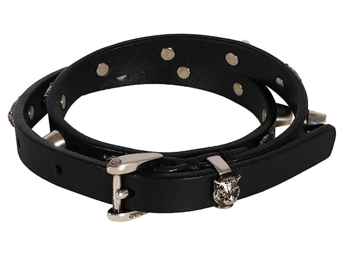 Gucci Black Leather Double Wrap Bracelet with Feline Heads & Studs Metallic  ref.1305464