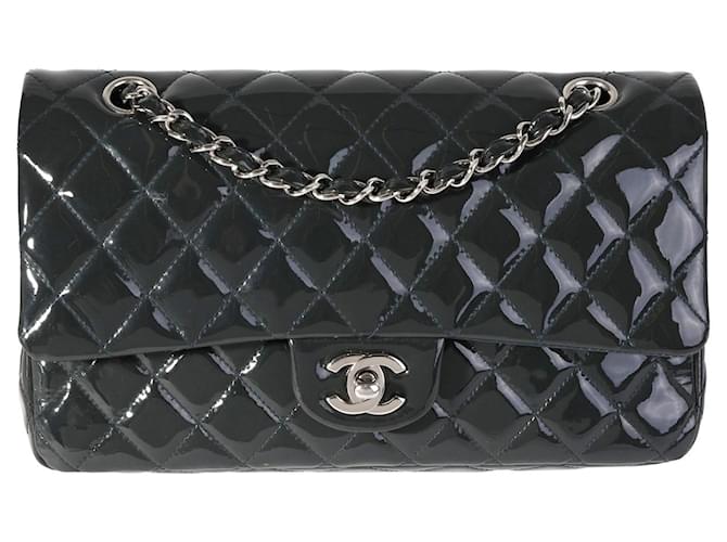 Timeless Chanel Shadow & Blue Quilted Patent Leather Medium Classic Double Flap Bag  ref.1305469